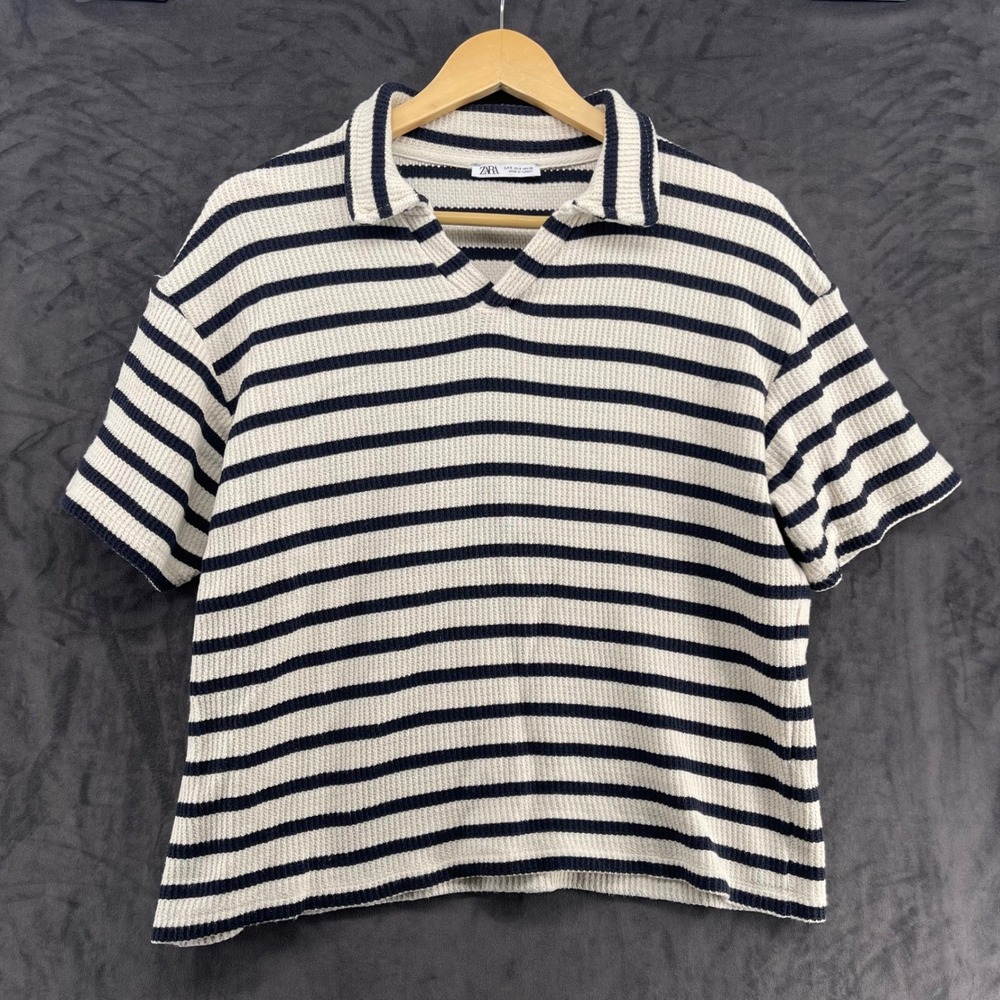 Zara Women Navy Blue Cream Striped Knit Polo Shirt Oversize V-Neck Small